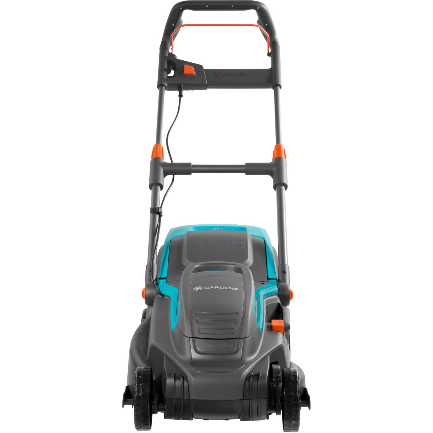 Gardena Elektro-Rasenmäher PowerMax 1800/42 in Grau und Türkis, Frontansicht.