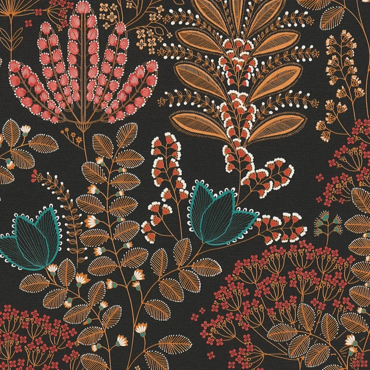 PROFHOME 393495-GU Blumen Tapete Floral Schwarz Orange-Rot Blau Weiß 0,53 m x 10,05 m 5,33 m2