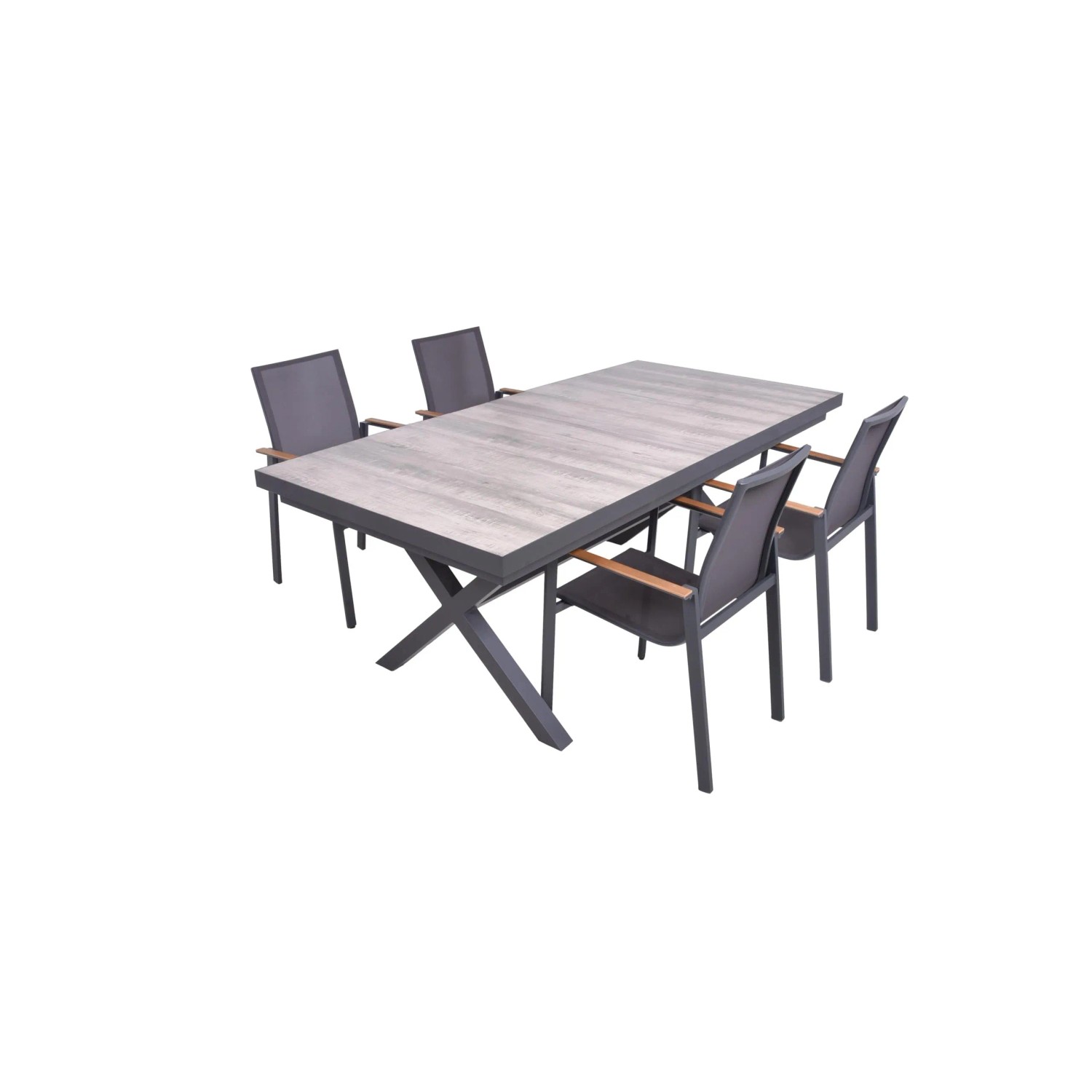 DELUKE Garten-Sitzgruppe JANA 5-tlg. Alu-Keramik Eiche-Optik Grau Gartenmöbel-Set Garten-Essgruppe Stapelstühle F Esstisch