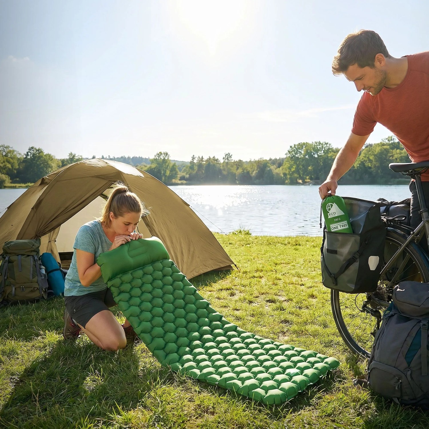 Grüne ECD Germany Camping Isomatte aus Nylon, 185x62x15 cm, mit Zelt und Personen.