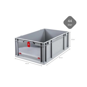 Graue Eurobox NextGen mit rotem Cover, 44 Liter, 22x40x60 cm. Ideal zur Aufbewahrung und Transport.