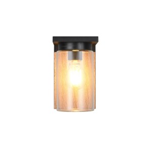 Moderne LED-Außenwandleuchte Ardila in Holzoptik mit Glasschirm und Dämmerungssensor.