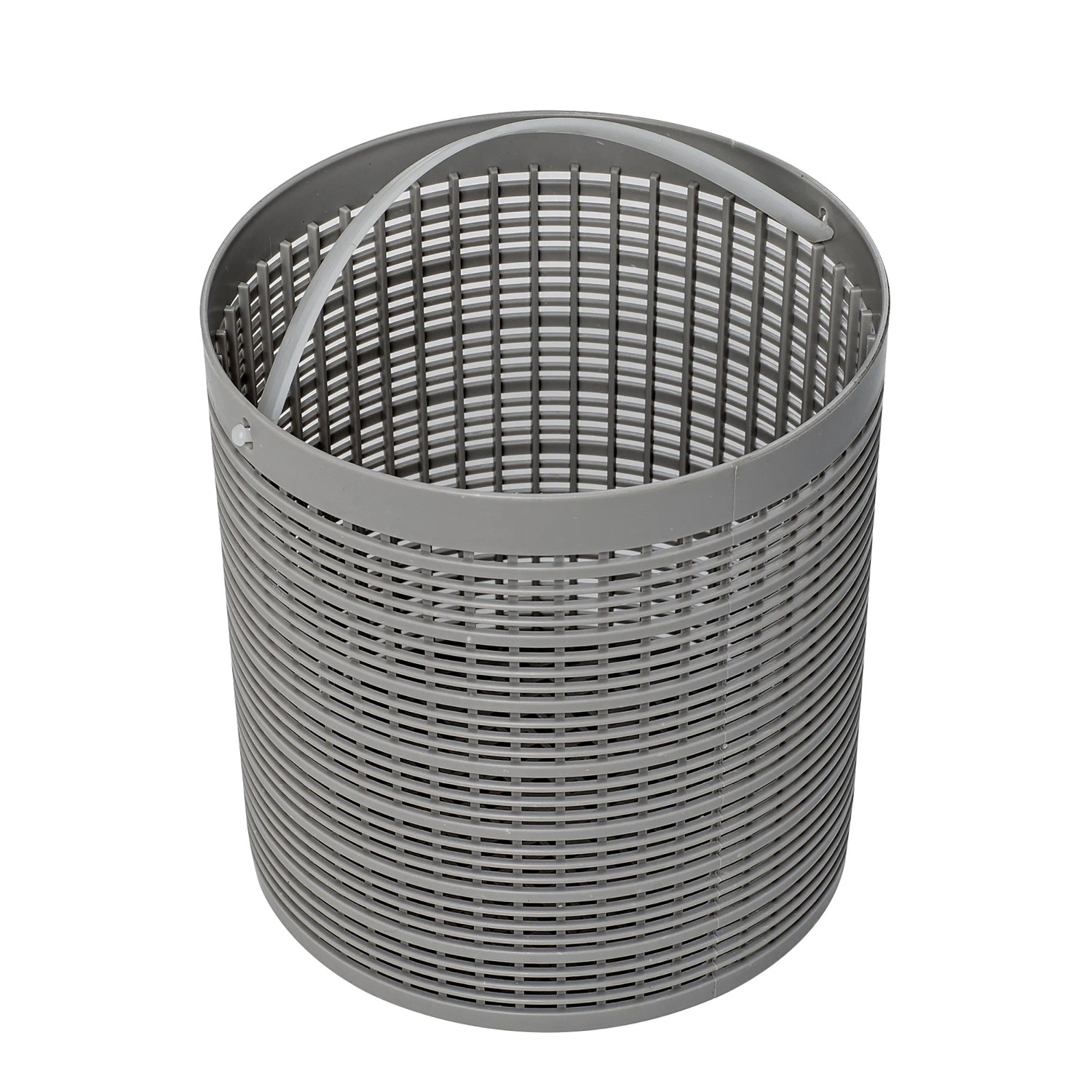 Bestway Skimatic Filterpumpe mit Einhängeskimmer, grauer Kunststoffkorb mit Griff.