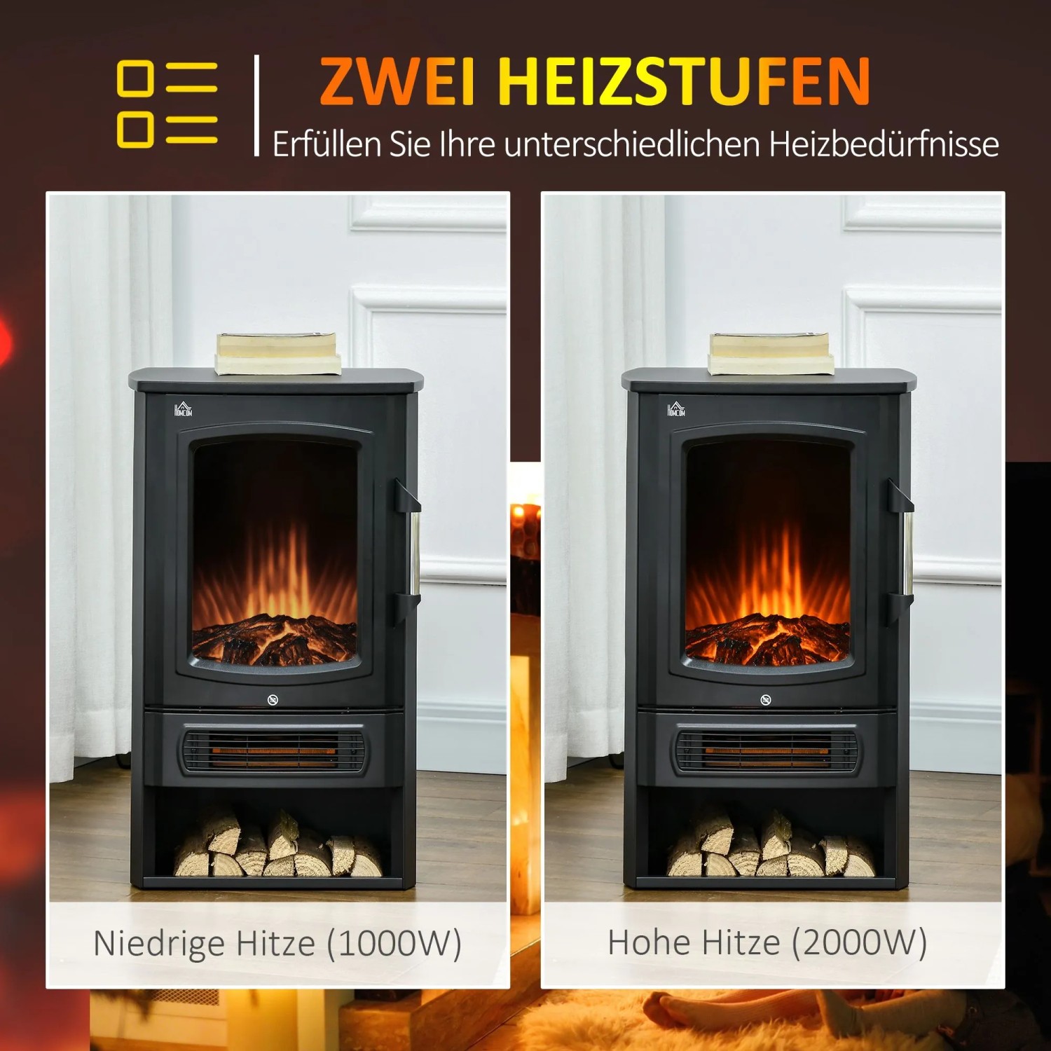 Schwarzer HOMCOM Elektrokamin mit realistischer LED-Flamme und zwei Heizstufen (1000W/2000W). Unten Holzscheite.