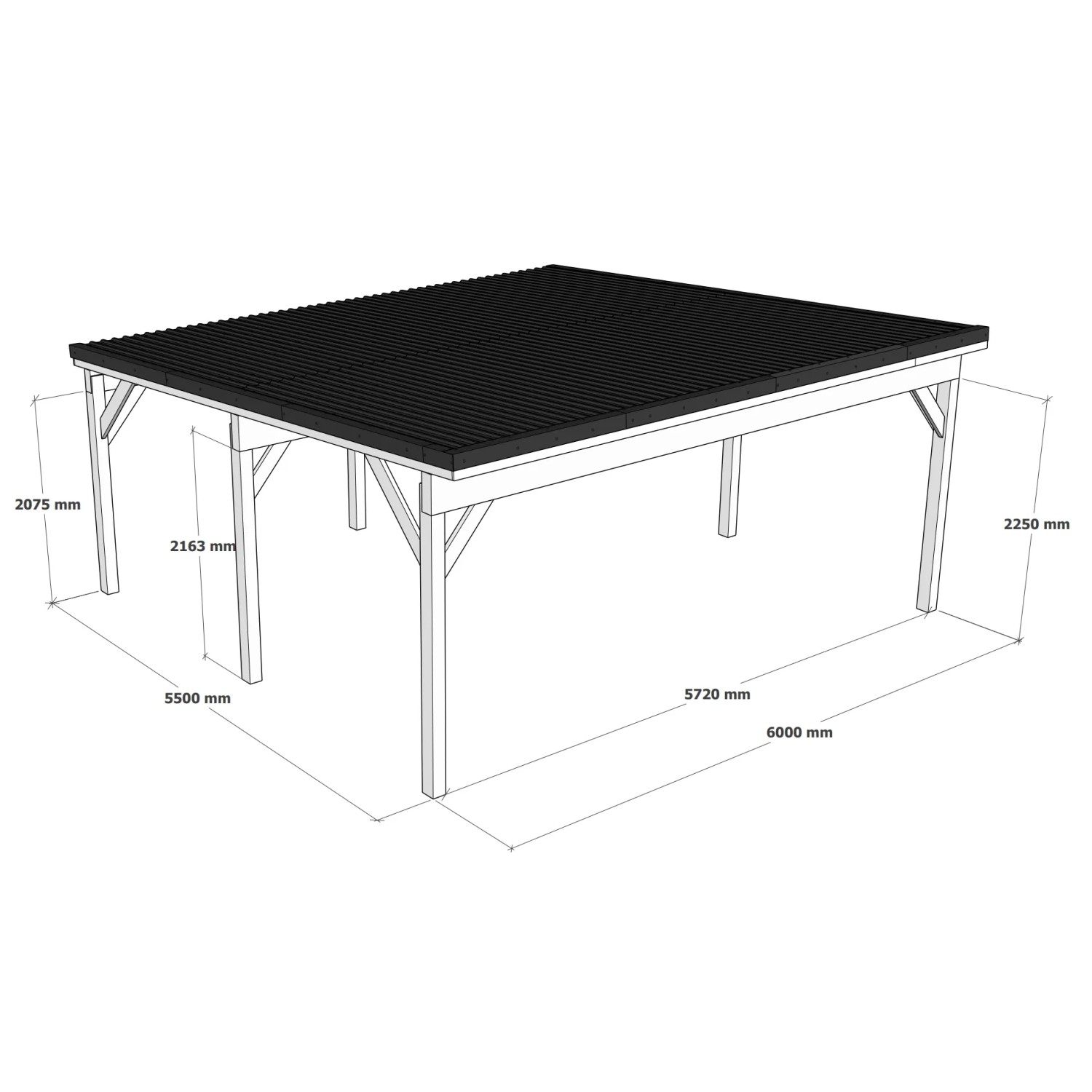 Holzbrüder Doppelcarport Ralf, imprägniert, 600x600 cm, mit dunkelbraunem Blechdach. Technische Zeichnung.