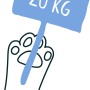 Illustration: Katzenpfote hält Schild mit "20 kg" für Primox Katzenstreu Klumpstreu.