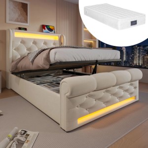 Beiges Polsterbett 90x200cm mit hydraulischem Stauraum, LED-Beleuchtung, USB-C, Samtbezug und Matratze.