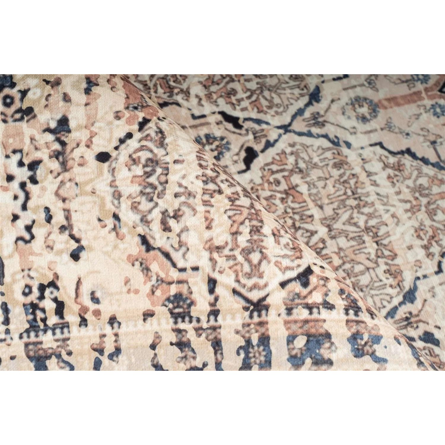 Beige-blauer Vintage Teppich (200x290 cm) mit orientalischem Muster. Dekorativer Flachflorteppich im Used-Look.