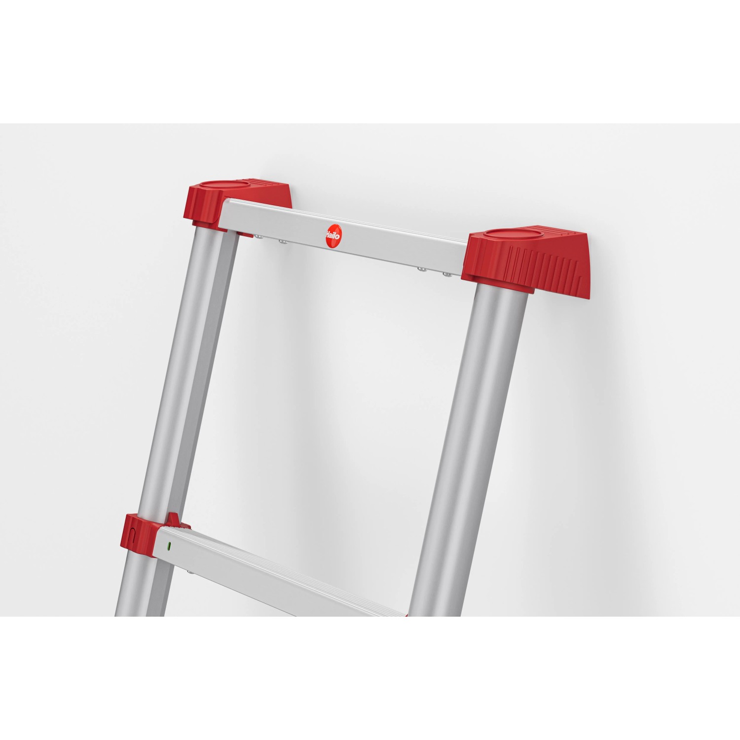 Detailansicht der Hailo Alu-Teleskopleiter T100 FlexLine mit roten Elementen.