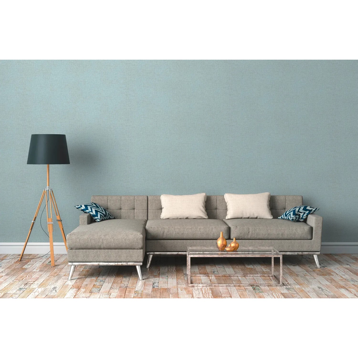 Blau-matte Vliestapete mit leichter Struktur im Wohnraum. Dekorative Tapete für ein gemütliches Ambiente.