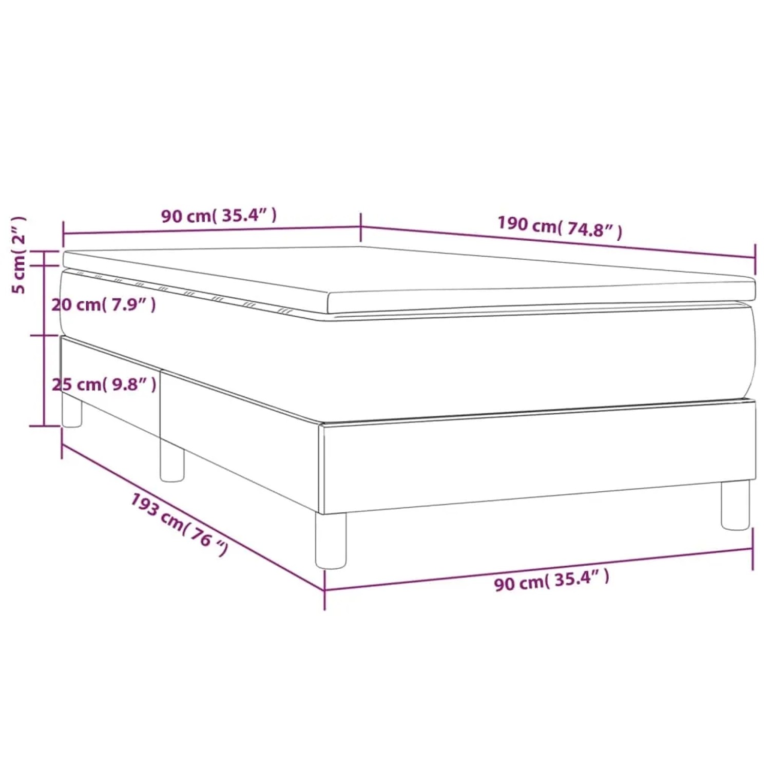 Weißes vidaXL Boxspringbett 90x190 cm mit Matratze und Kunstlederbezug.