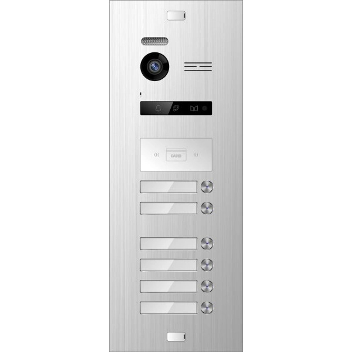 Balter Evo Video Türsprechanlage für 6 Familien, 2-Draht Bus, silberne Türstation mit 6 Monitoren.