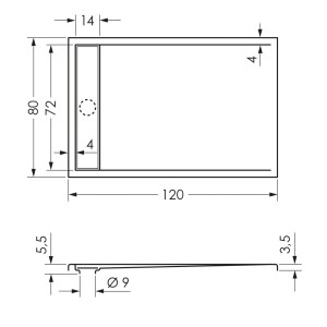 Technische Zeichnung: Steinkamp Duschwanne Living, 120x80 cm, superflach mit Ablaufrinne.