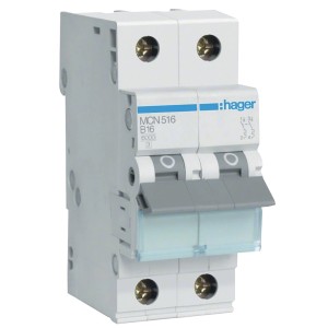 Hager Leitungsschutzschalter C16A 1P+N, 2 Module, für den Schutz von Stromkreisen.