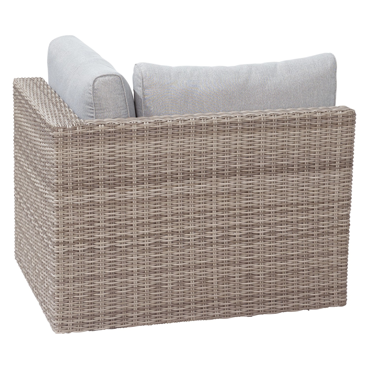 Detailansicht Lounge-Sessel Olea aus Polyrattan in Sand mit grauen Kissen, Teil des 5-teiligen Lounge-Sets.