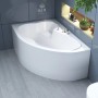 Weiße Bad Land Eckbadewanne MEGA 160x105 links mit Acrylschürze in modernem Badambiente.