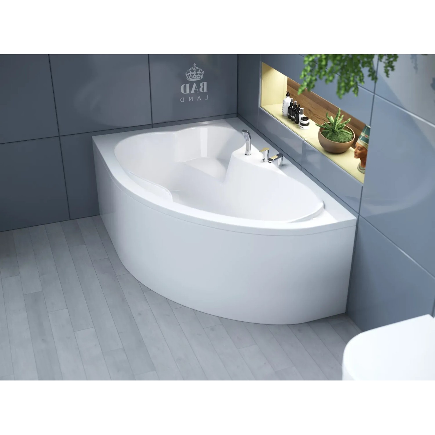 Weiße Bad Land Eckbadewanne MEGA 160x105 links mit Acrylschürze in modernem Badambiente.