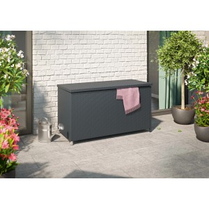 Auflagenbox Buntine, 1100 l, aus Polyrattan in Schwarz. Gartenbox zur Aufbewahrung von Gartenauflagen.