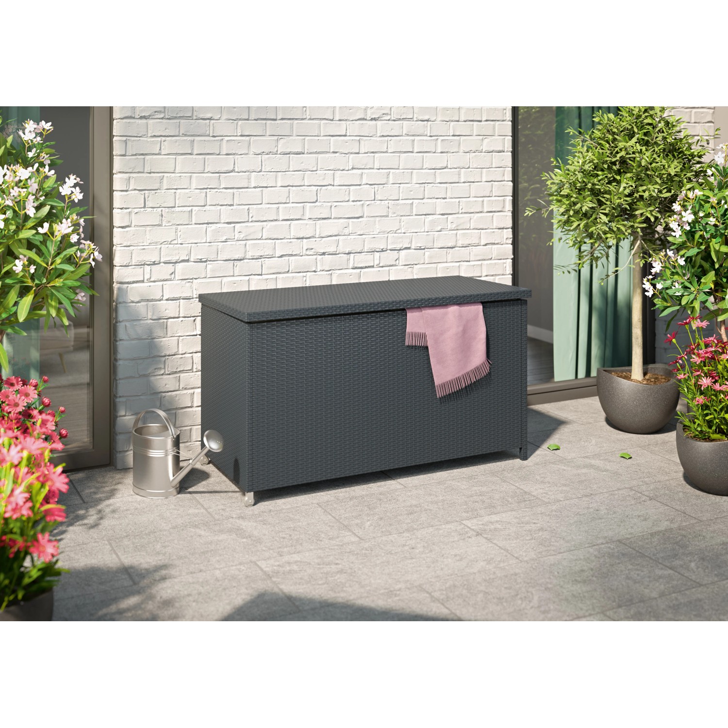 Auflagenbox Buntine, 1100 l, aus Polyrattan in Schwarz. Gartenbox zur Aufbewahrung von Gartenauflagen.