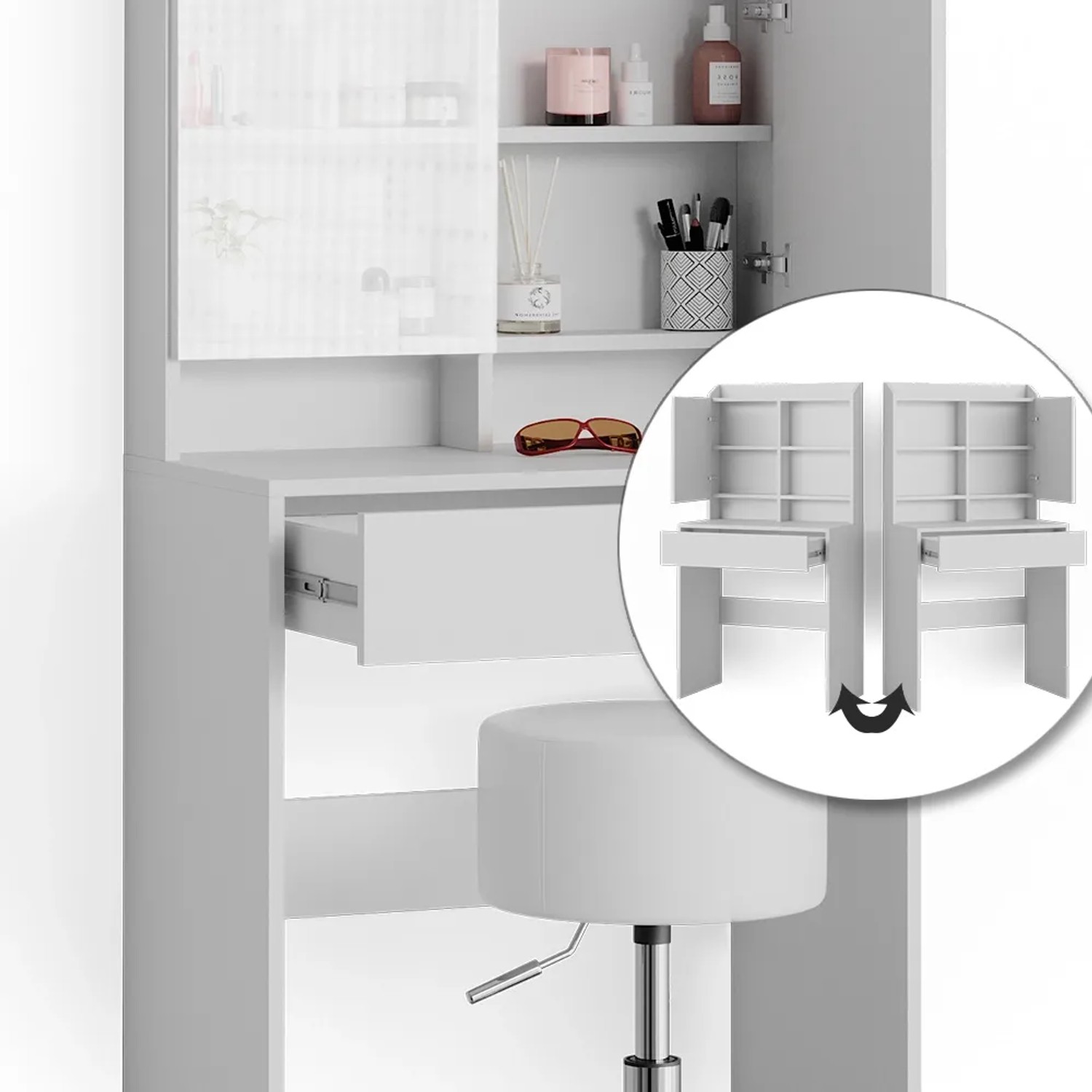 Weißer Vicco Schminktisch Laura (70 cm) mit Hocker und Spiegel.