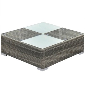 Quadratischer, grauer Rattan-Gartentisch mit Glasplatte, Teil des vidaXL Lounge-Sets.