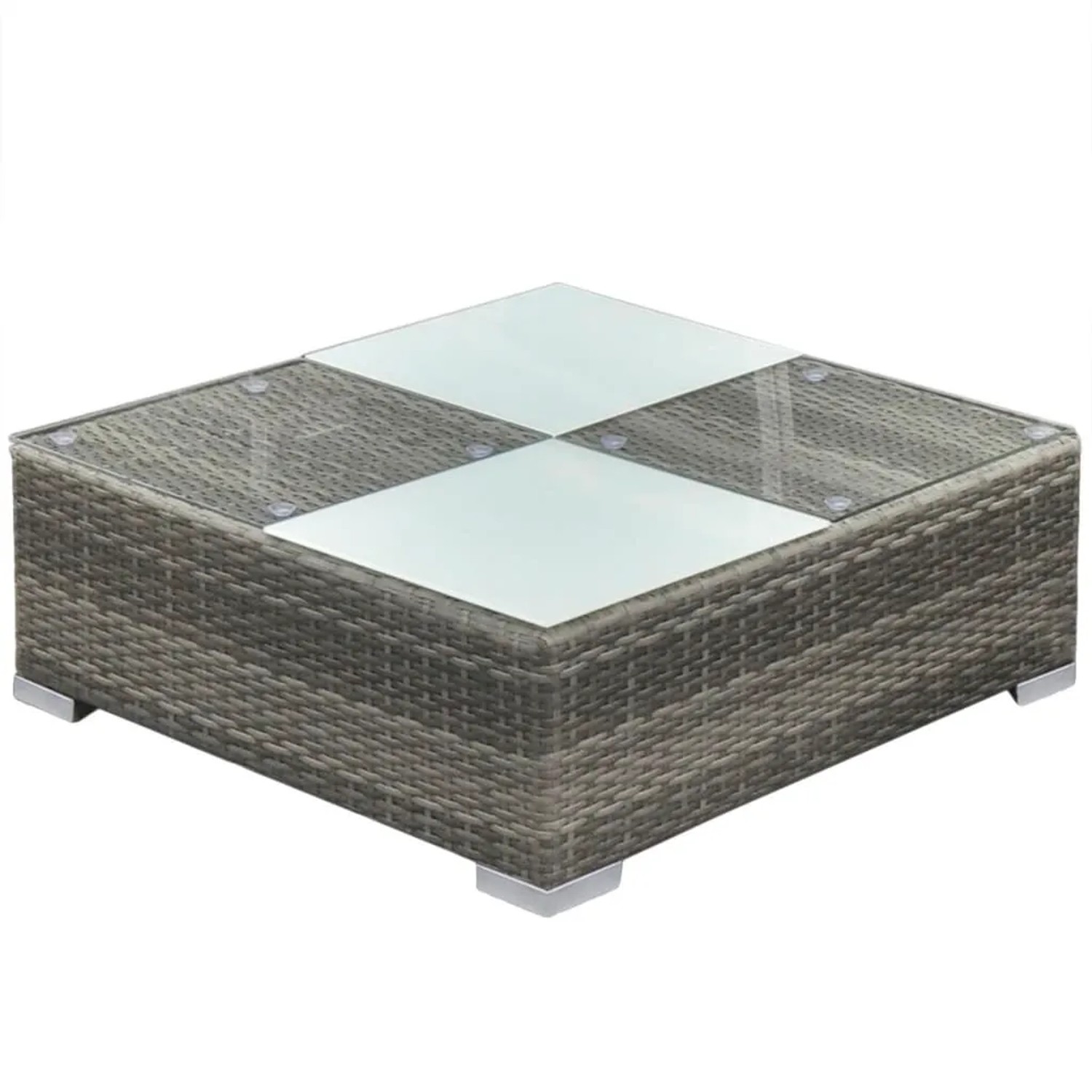 Quadratischer, grauer Rattan-Gartentisch mit Glasplatte, Teil des vidaXL Lounge-Sets.