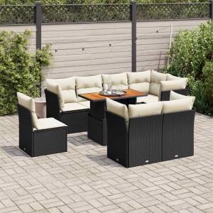 Schwarze 9-tlg. Garten-Sofagarnitur aus Polyrattan mit cremeweißen Kissen und höhenverstellbarem Tisch.