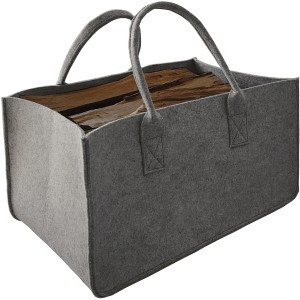 Faltbare, graue Filztasche zur Aufbewahrung von Kaminholz oder Zeitschriften.