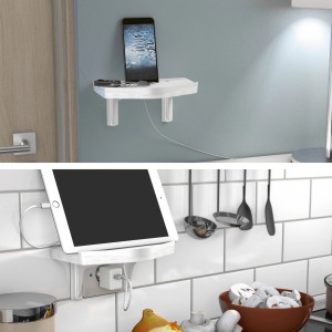 Weiße D-Line Kabel-Organizer-Ablage mit Smartphone und Tablet zur Wandmontage.