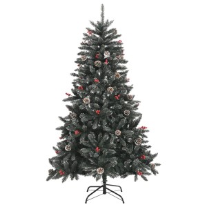 Künstlicher, grüner Weihnachtsbaum (120 cm) mit Ständer, Schnee, Zapfen und Beeren.