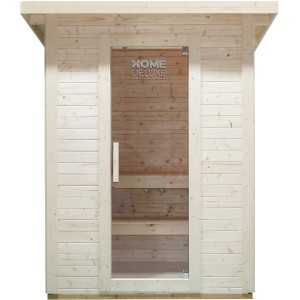 Home Deluxe Saunahaus Talo M aus Fichte mit Glastür und 4,5 kW Ofen.