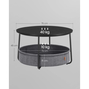 Vasagle Couchtisch, rund, schwarz-grau mit Stoffkorb zur Aufbewahrung, Ø 75 cm.