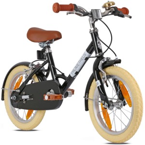 Schwarzes PROMETHEUS Kinderfahrrad 14 Zoll im Retro-Look mit Felgenbremse und Ständer.