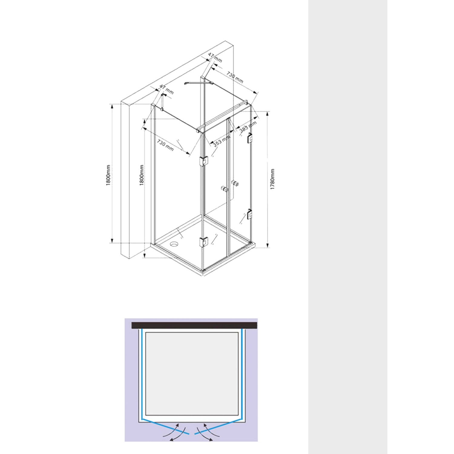 Glaszentrum Hagen U-Duschkabine Ares Silber 80x80x180cm mit Duschtasse, technische Zeichnung.