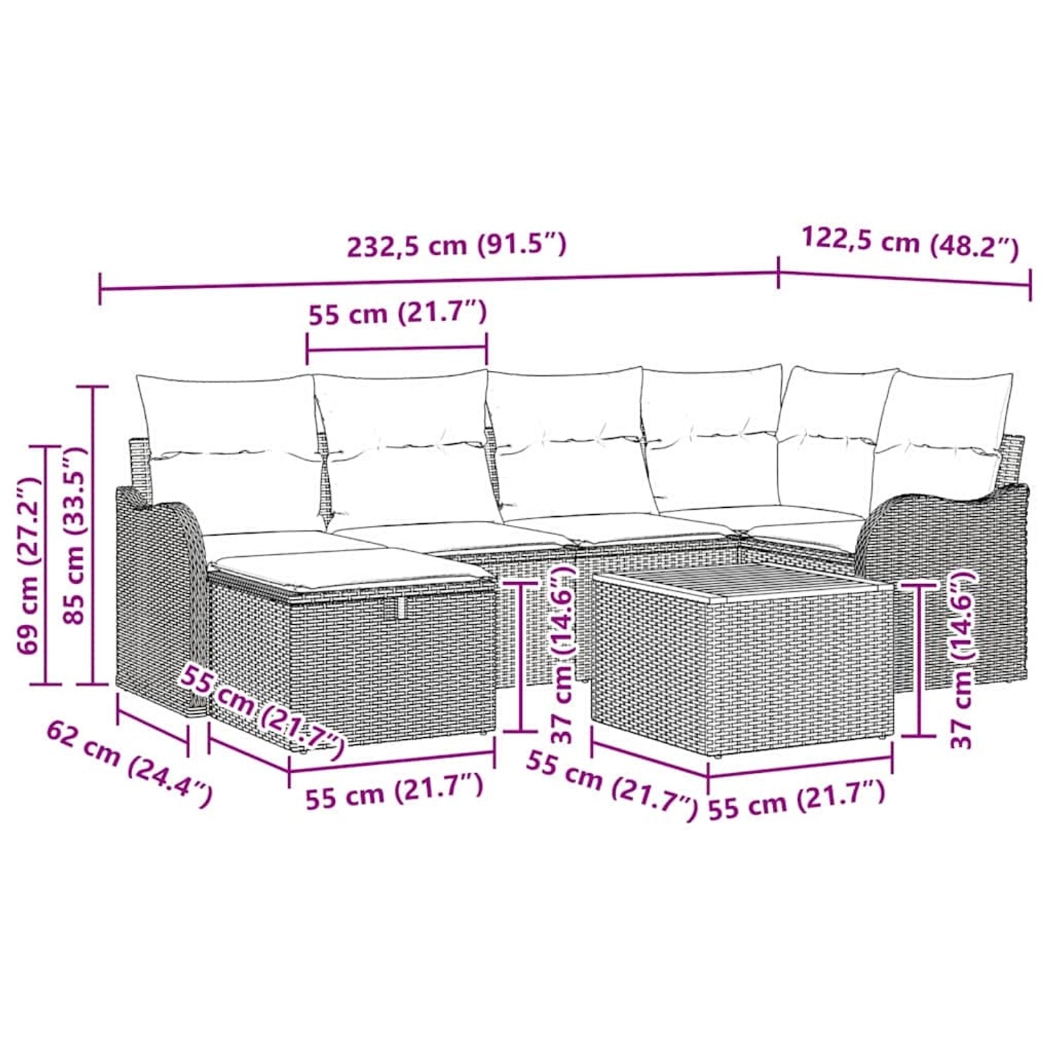 vidaXL Gartenmöbel-Set beige, 7-teilig, Poly Rattan mit Kissen und Stauraum. Abmessungen sichtbar.