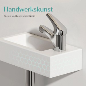 Rechteckiges, hochweißes Emke Wandwaschbecken aus Keramik mit Hahnloch rechts.
