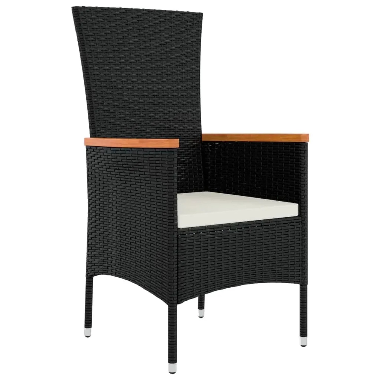 Schwarzer vidaXL Gartenstuhl aus Rattan mit Kissen und Armlehnen aus Akazienholz.