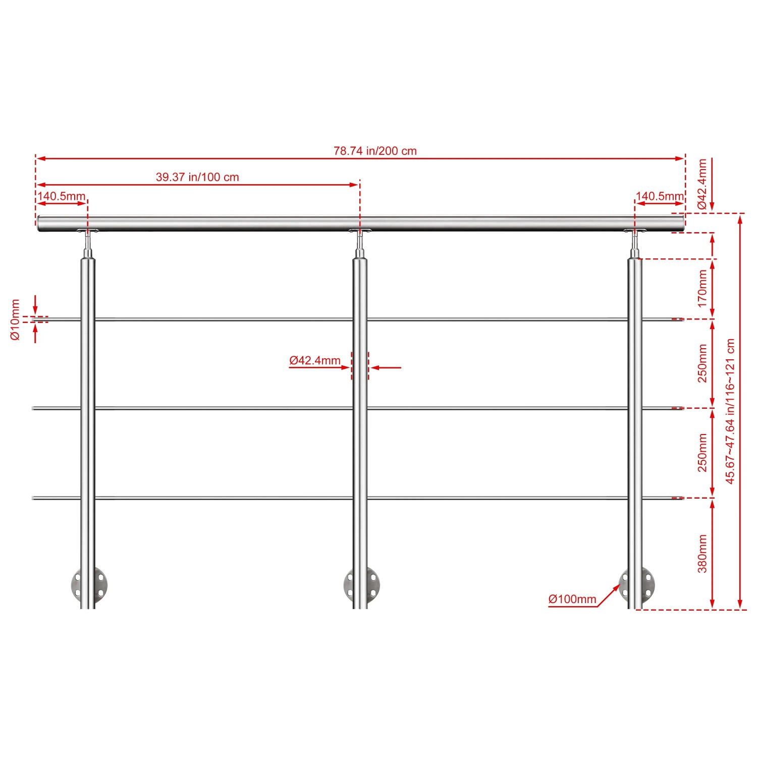 AICA 304 Edelstahl Treppengeländer Set Seitenmontage 200 cm Länge 3 Querstreben_2