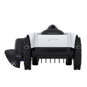 Ecovacs Goat O1200 Mähroboter, weiß-schwarz, Rückansicht mit Bürste und Rädern.