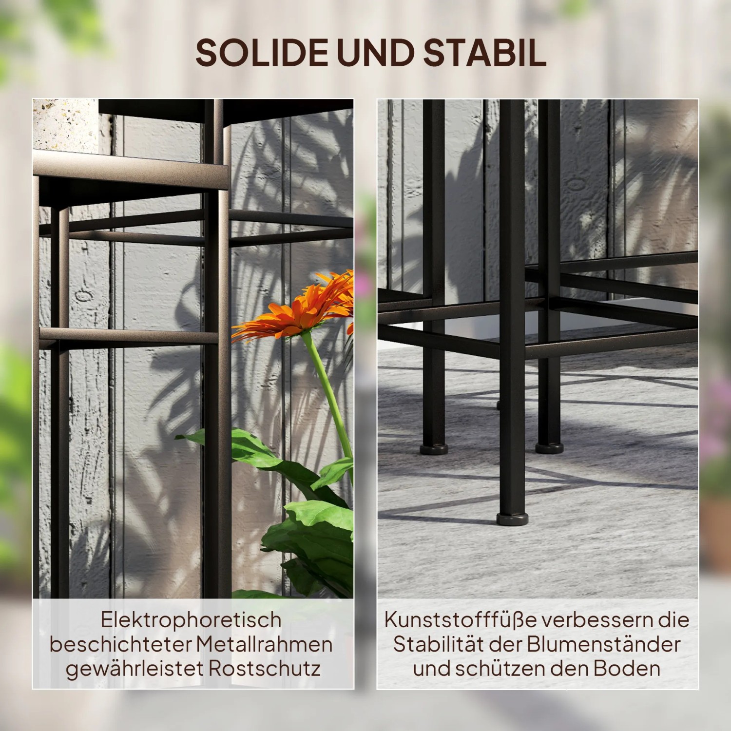 Detailansicht: Stabiler Blumenständer aus Metall mit Mosaikfliesen und Kunststofffüßen.