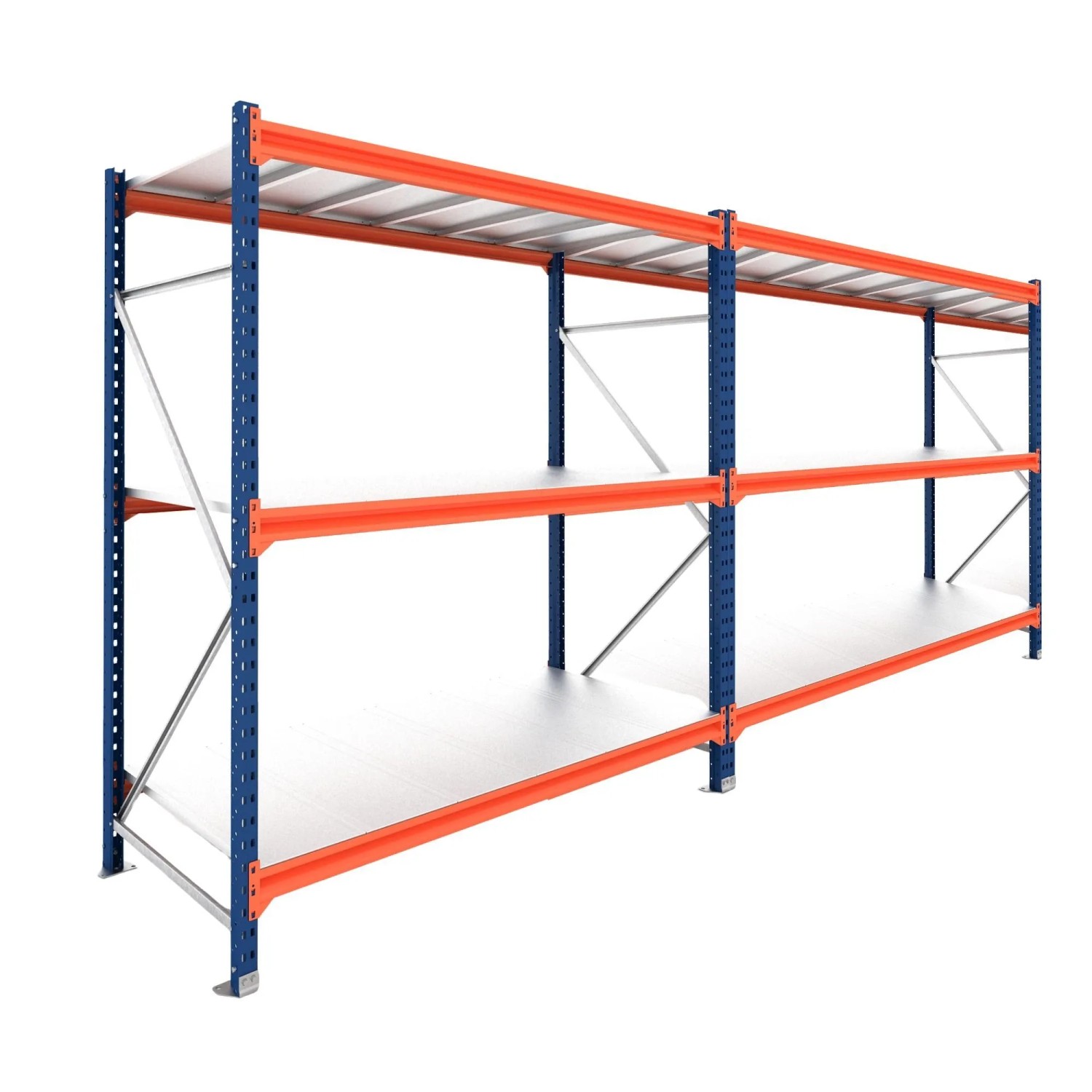 PROREGAL Weitspannregal Schwerlastregal DOMINUS Komplettregal 2 Felder 200x300x100cm 3 Ebenen Stahlplatten-Fachboden Fachlast 500 kg Blau/Orange