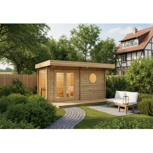 Naturbelassene Finntherm Gartensauna Enns-70 mit Flachdach und Terrasse im Garten.