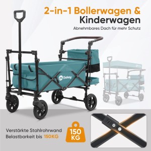 Sekey Bollerwagen mit Dach, blaugrün, faltbar, 150 kg Tragkraft, ideal für Camping und Kindertransport.