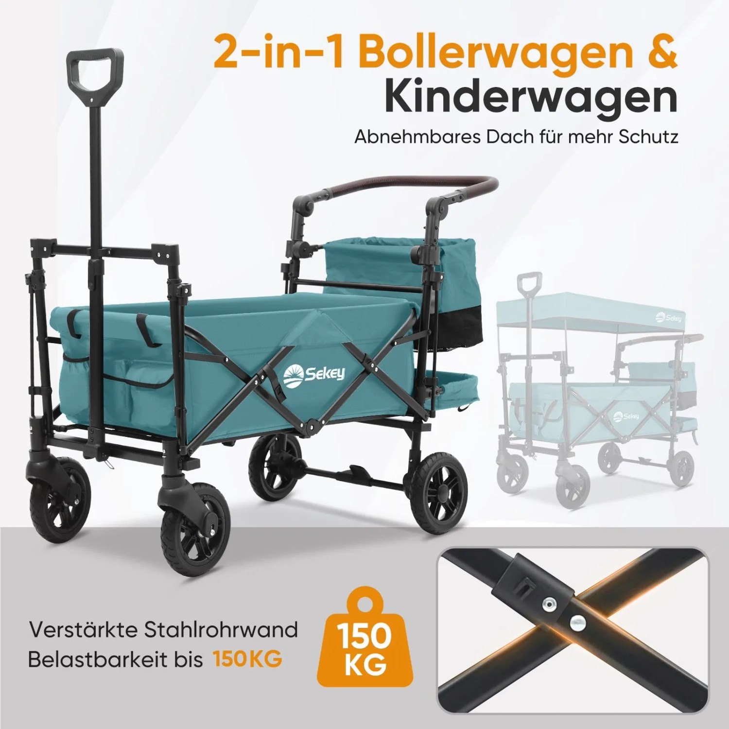 Sekey Bollerwagen mit Dach, blaugrün, faltbar, 150 kg Tragkraft, ideal für Camping und Kindertransport.