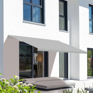 Elektrische Kassettenmarkise, weiße Vollkassette, grau-weißes Tuch, 5,0x3,0m. Markise für Terrasse.