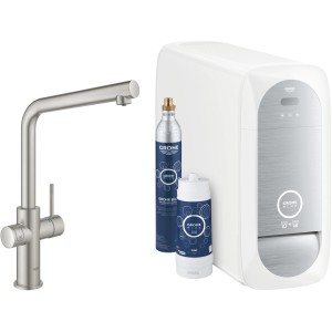 Grohe Blue Home Starter Kit mit Armatur in Supersteel, Kühler und CO2-Flasche für gefiltertes Wasser.