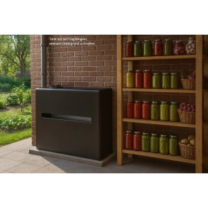 Schwarzer KMND 400L Wassertank aus Kunststoff für Trinkwasser im Garten.
