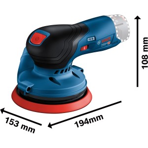 Bosch Professional Akku-Exzenterschleifer GEX 12V-125 Solo mit Schleifblatt und L-Boxx, blau/schwarz, mit Maßangaben.