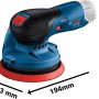 Bosch Professional Akku-Exzenterschleifer GEX 12V-125 Solo mit Schleifblatt und L-Boxx, blau/schwarz, mit Maßangaben.