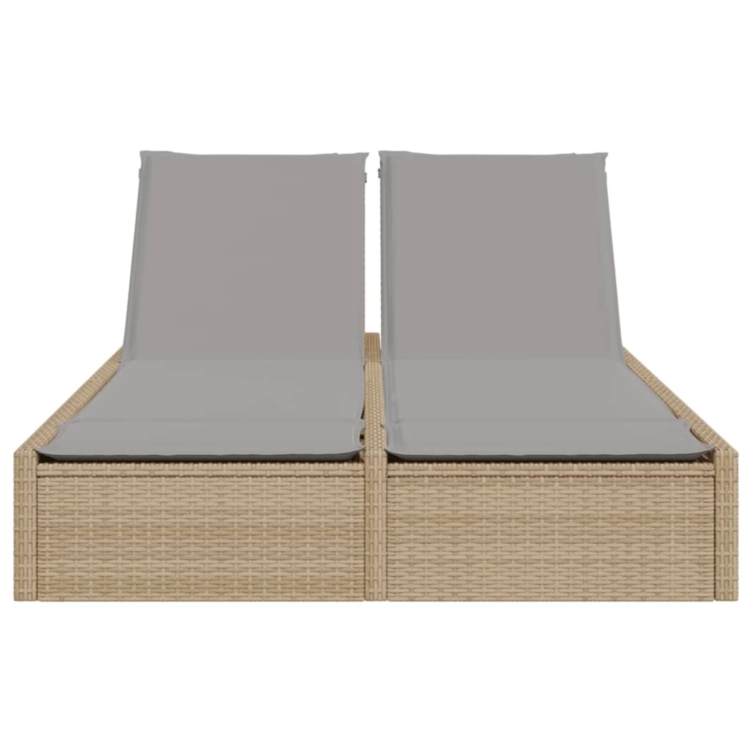 Beige Doppel-Sonnenliege aus Polyrattan mit hellgrauen Auflagen für den Garten.